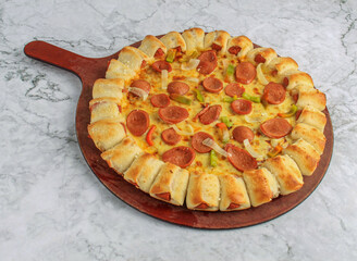 Double meat Sausage pizza pepperoni spicy fast food healthy meal on marble background top view