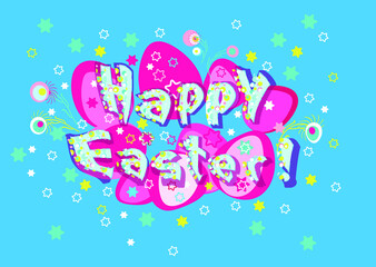 A postcard for Easter. Congratulations with a pattern of bright, pink eggs and an inscription - Happy Easter!Blue background. Religion and the feast of Easter communion.