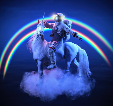 Astronaut riding a unicorn on the cloud in intergalactic space