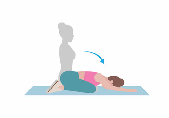 Women doing exercises.  Step by step instruction for doing Child's Pose is a gentle stretch for the back, hips, thighs, and ankles. It can help relieve back pain. Illustration cartoon style