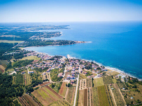 Croatia, Istria, aerial view of coast near Umag.
