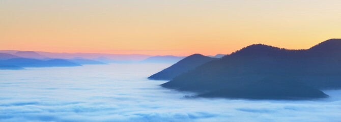 Picturesque panoramic aerial view of the evergreen forest hills in a clouds of fog at sunset. Clear sky with colorful clouds. France, Alsace, Vosges mountains. Tourism, ecology, environment, nature