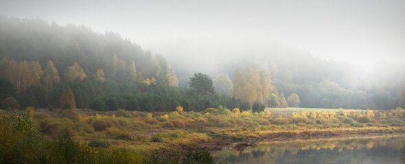 Panoramic view of majestic golden birch forest and bends of Daugava river in a fog. Autumn. Daugavas loki nature park, Latgale, Latvia. Ecology, ecotourism, recreation, travel destinations, landmark - obrazy, fototapety, plakaty