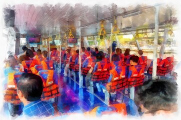 Passengers on a ferry on the river watercolor style illustration impressionist painting.