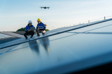 Specialist technician professional engineercontrol drone checking top view of installing solar roof...