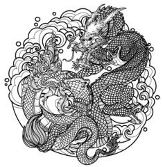 Tattoo art dragon china and thai snake drawing and sketch black and white