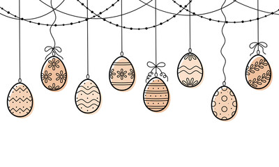 Garland with easter eggs with ornament. Elements for decorating for the Easter. Vector illustration in colored doodle line style.
