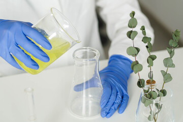 Female laboratory worker pours yellow liquid in flask. Scientific cosmetology experiment.