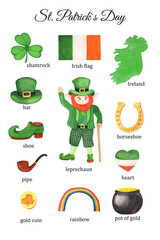 St Patrick`s Day Poster. Educational poster for kids. Vocabulary . Shamrock, leprechaun, Ireland - 485127732