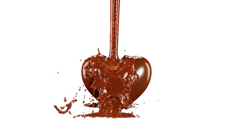 Syrup is poured on a chocolate candy, isolated on a white background. Pouring caramel syrup on a chocolate heart, 3d rendering. Drops of sweet sauce, realistic 3D illustration