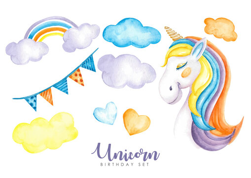 Magic birthday set unicorns watercolor