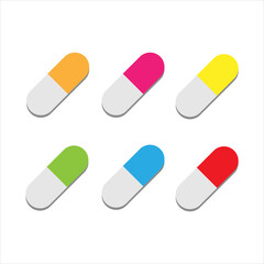 Set of color medical pills. Vector icon. Cartoon minimal style. Medical capsule and drugs. Healthcare and medicine concept.