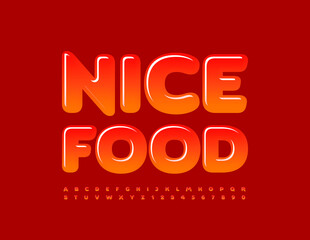 Vector bright template Nice Food. Red adient Font. Shiny Alphabet Letters and Numbers set