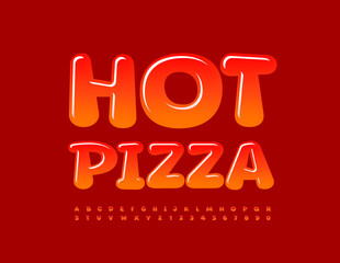 Vector advertising Logo Hot Pizza. Modern Glossy Font. Creative Alphabet Letters and Numbers