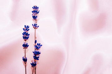 Silk fabric texture with lavender sprigs on pink background.