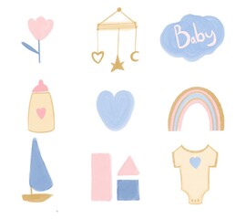 Boho baby set. Boho collection of elements for the children's room painted in watercolor. Hand drawn set for the birth of a baby.