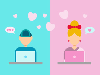 Online dating. Internet dating. Single woman and single man flirting on social media website. Concept of falling in love via the internet. Hand drawn, vector eps 10.