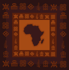 African hieroglyphs with Africa Map, Adinkra symbols raster