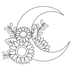 Half moon and sunflower in outline or black and white style. Illustration about sweet dream.