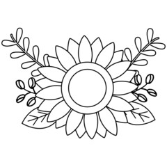 Vector Bouquet Doodle Sunflower illustration in outline style. Black and White Floral outline, Sunflower summer clip art