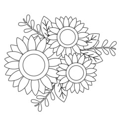 Vector Bouquet Doodle Sunflower illustration in outline style. Black and White Floral outline, Sunflower summer clip art