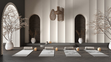 Empty yoga studio interior design in gray tones, western japanese space, parquet, potted trees, lamp, molded walls, mats, pillows and accessories. Ready for practice, meditation