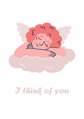 cute card with cupid for valentine's day and the  inscription i think of you. flat vector hand drawn illustration.