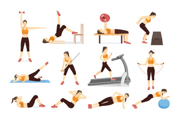 Sports Woman character in many workout activities and pose. Illustration about exercise in cartoon style.