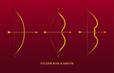 Collection of golden bow and arrow. set of shinny bow and arrow vector illustration.