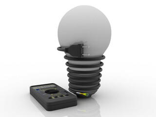 3d illustration Digital electronics multi meter with cfl bulb

