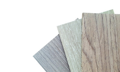 wooden veneer swatch samples containing multi grey oak ,douglas fir and maple textures isolated on background with clipping path. palette of interior material for mood and tone board presentation.