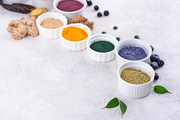 Various healthy superfoods powder assortment