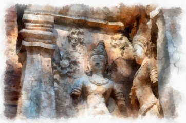 Fototapeta na wymiar The remains of ancient architecture, art, architecture, art in the north of Thailand have beautiful stucco designs. watercolor style illustration impressionist painting.
