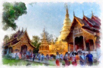 Fototapeta premium ancient architecture in northern Thailand watercolor style illustration impressionist painting.