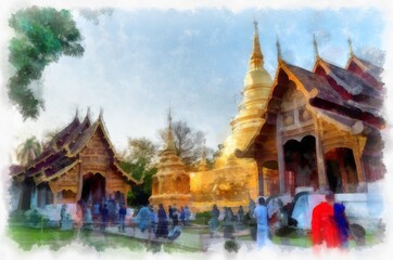 Fototapeta premium ancient architecture in northern Thailand watercolor style illustration impressionist painting.