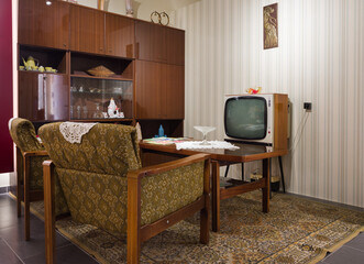 Classic apartment socialism times with the interiors, furniture, and electronics of that time. Soviet Union. Russia, construction, n interior.