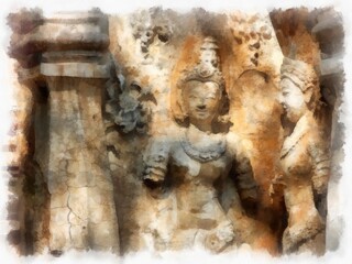 The remains of ancient architecture, art, architecture, art in the north of Thailand have beautiful stucco designs. watercolor style illustration impressionist painting.