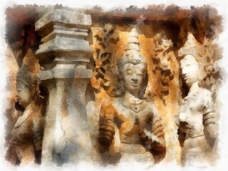 Fototapeta na wymiar The remains of ancient architecture, art, architecture, art in the north of Thailand have beautiful stucco designs. watercolor style illustration impressionist painting.