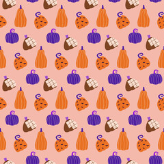Vector illustration of seamless pattern with pumpkins. For Halloween, for fabric design. Orange and purple colors.