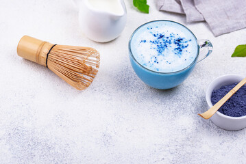 Blue matcha latte with milk