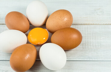 Fresh quail and chicken eggs, egg yolk on white wooden background