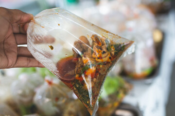 Food in plastic bags on street food of Thailand. Thai food ready to eat.	