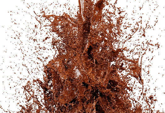 Realistic chocolate splashes, 3d render. Chocolate fountain. Strong splash of sweet syrup isolated on white background.