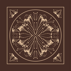 Geometric symmetrical ornament with herbarium elements. Lace pattern in the shape of a logo