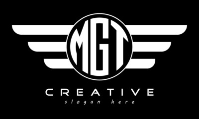 MGT three letter monogram type circle letter logo with wings vector template.