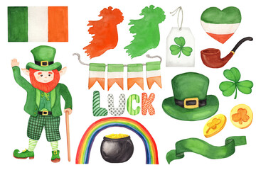 Watercolor set Saint Patrick's Day. Traditional party symbols - leprechaun, pot of gold, hat, rainbow, clover, garland. For cards, banner, invitation, design template. - 485138760