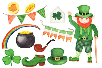 Watercolor set Saint Patrick's Day. Traditional party symbols - leprechaun, pot of gold, hat, rainbow, clover, garland. For cards, banner, invitation, design template. - 485138763