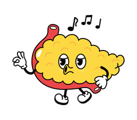 Cute funny pancreas walking singing character. Vector hand drawn traditional cartoon vintage, retro, kawaii character illustration icon. Isolated on white background. Pancreas walk sing character