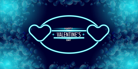 Valentines day greeting horizontal banner with blue neon heart and glowing azure petals isolated on background. Valentines day poster or greeting card with shiny blue layout and beautiful heart