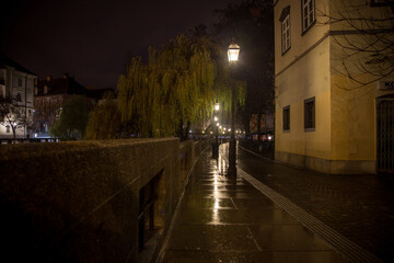 wet street at night in Ljubljana
